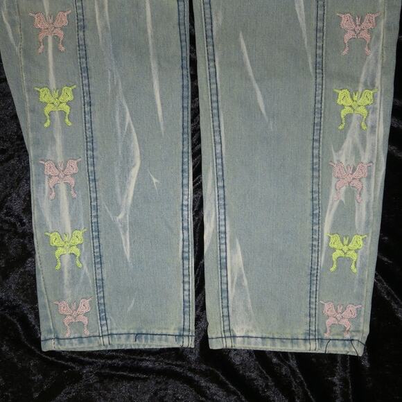 Vintage Embroidered Butterfly Oversized Baggy Jeans Womens Stonewash Whisker GUC - Picture 6 of 11